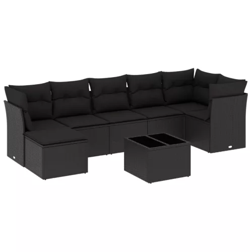  8 részes fekete polyrattan kerti ülőgarnitúra párnákkal