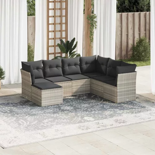  7 részes világosszürke polyrattan kerti ülőgarnitúra párnákkal