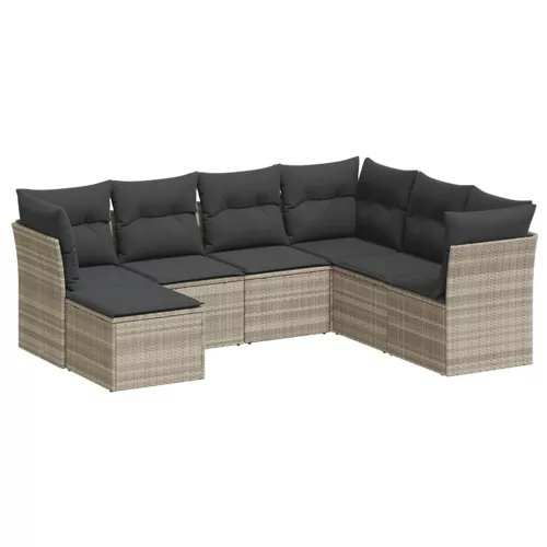  7 részes világosszürke polyrattan kerti ülőgarnitúra párnákkal