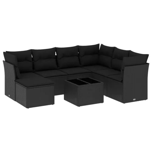  8 részes fekete polyrattan kerti ülőgarnitúra párnákkal