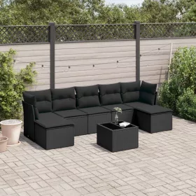    8 részes fekete polyrattan kerti ülőgarnitúra párnákkal
