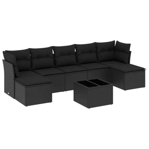  8 részes fekete polyrattan kerti ülőgarnitúra párnákkal