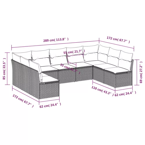  9 részes világosszürke polyrattan kerti ülőgarnitúra párnával