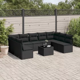    10 részes fekete polyrattan kerti ülőgarnitúra párnákkal