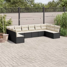    10 részes fekete polyrattan kerti ülőgarnitúra párnákkal