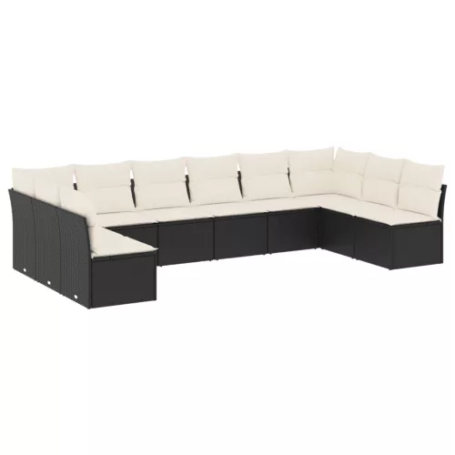  10 részes fekete polyrattan kerti ülőgarnitúra párnákkal