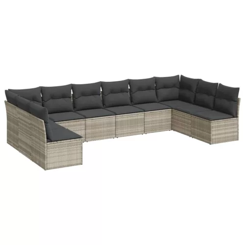  10 részes világosszürke polyrattan kerti ülőgarnitúra párnákkal