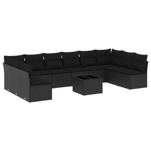  11 részes fekete polyrattan kerti ülőgarnitúra párnákkal