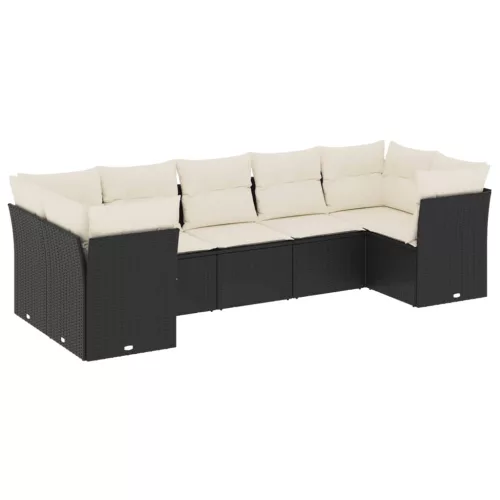  7 részes fekete polyrattan kerti ülőgarnitúra párnával