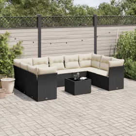    10 részes fekete polyrattan kerti ülőgarnitúra párnákkal