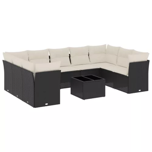  10 részes fekete polyrattan kerti ülőgarnitúra párnákkal