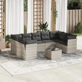    10 részes világosszürke polyrattan kerti ülőgarnitúra párnákkal