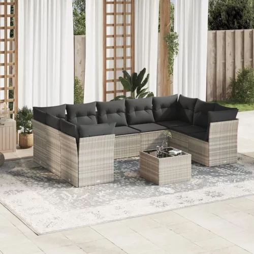  10 részes világosszürke polyrattan kerti ülőgarnitúra párnákkal