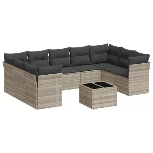  10 részes világosszürke polyrattan kerti ülőgarnitúra párnákkal