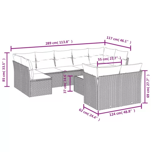  10 részes szürke polyrattan kerti ülőgarnitúra párnákkal