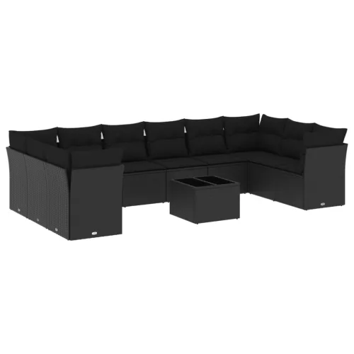  11 részes fekete polyrattan kerti ülőgarnitúra párnákkal