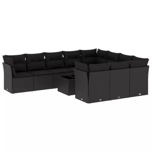  11 részes fekete polyrattan kerti ülőgarnitúra párnákkal
