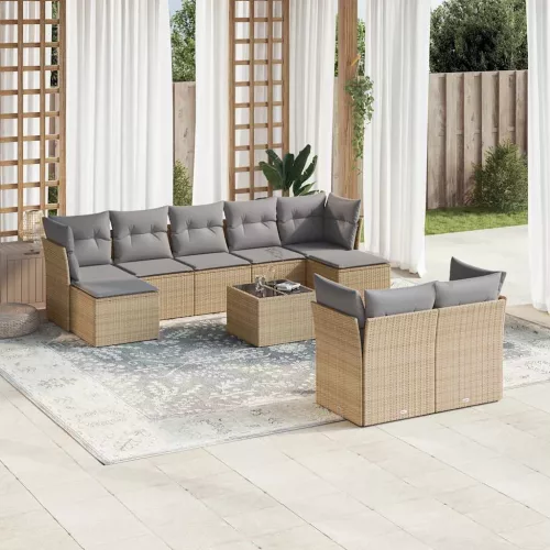  10 részes bézs polyrattan kerti ülőgarnitúra párnával