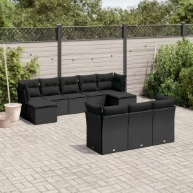    10 részes fekete polyrattan kerti ülőgarnitúra párnákkal