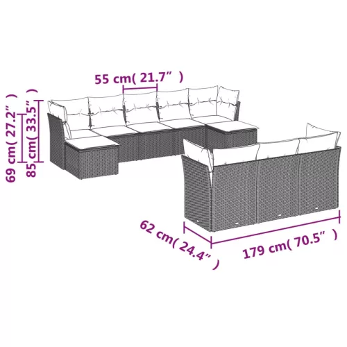  10 részes fekete polyrattan kerti ülőgarnitúra párnákkal
