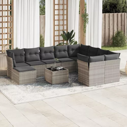  11 részes világosszürke polyrattan kerti ülőgarnitúra párnákkal