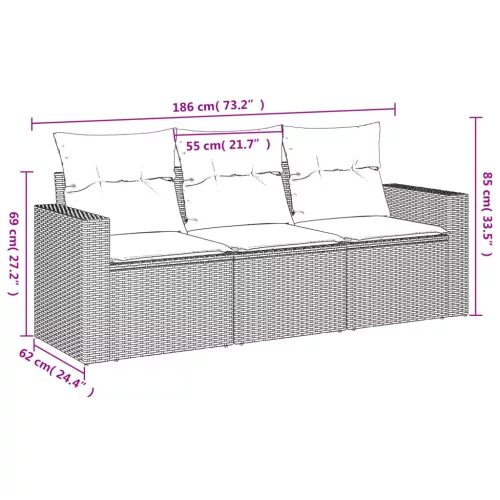  3 részes fekete polyrattan kerti ülőgarnitúra párnával
