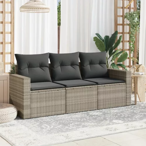  3 részes világosszürke polyrattan kerti ülőgarnitúra párnával