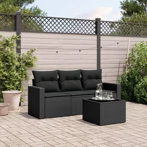  4 részes fekete polyrattan kerti ülőgarnitúra párnákkal