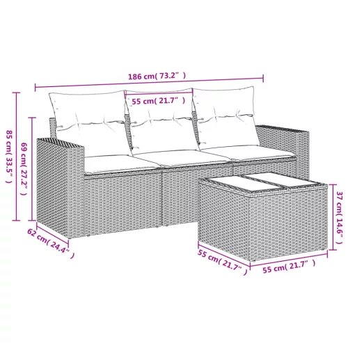  4 részes fekete polyrattan kerti ülőgarnitúra párnákkal