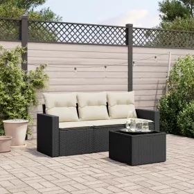    4 részes fekete polyrattan kerti ülőgarnitúra párnákkal
