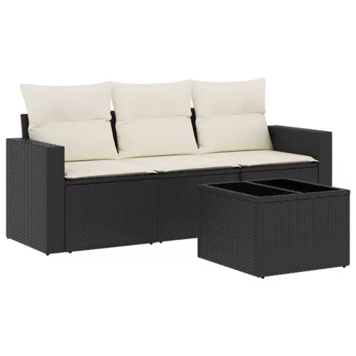  4 részes fekete polyrattan kerti ülőgarnitúra párnákkal