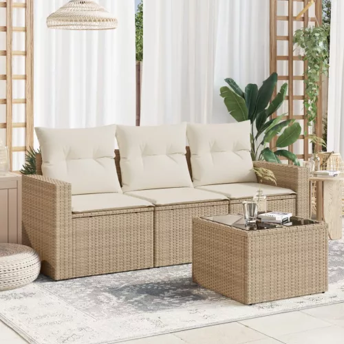  4 részes bézs polyrattan kerti ülőgarnitúra párnákkal
