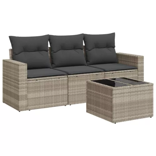  4 részes világosszürke polyrattan kerti ülőgarnitúra párnákkal