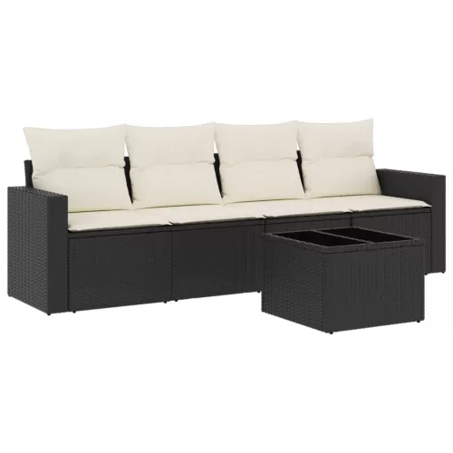  5 részes fekete polyrattan kerti kanapészett párnákkal