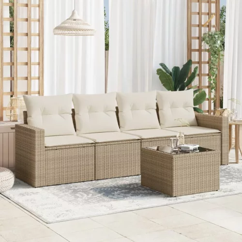  5 részes bézs polyrattan kerti ülőgarnitúra párnákkal