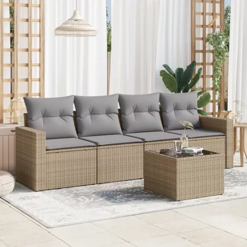  5 részes bézs polyrattan kerti ülőgarnitúra párnákkal
