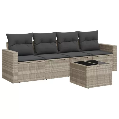  5 részes világosszürke polyrattan kerti ülőgarnitúra párnákkal