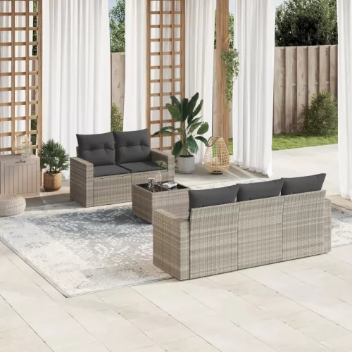  6 részes világosszürke polyrattan kerti ülőgarnitúra párnákkal