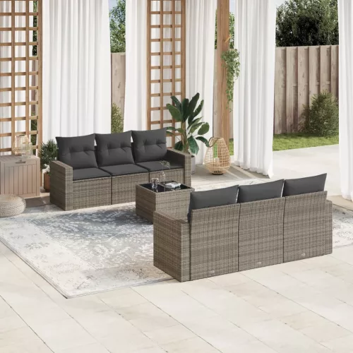  7 részes szürke polyrattan kerti ülőgarnitúra párnákkal