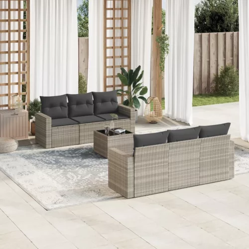  7 részes világosszürke polyrattan kerti ülőgarnitúra párnákkal