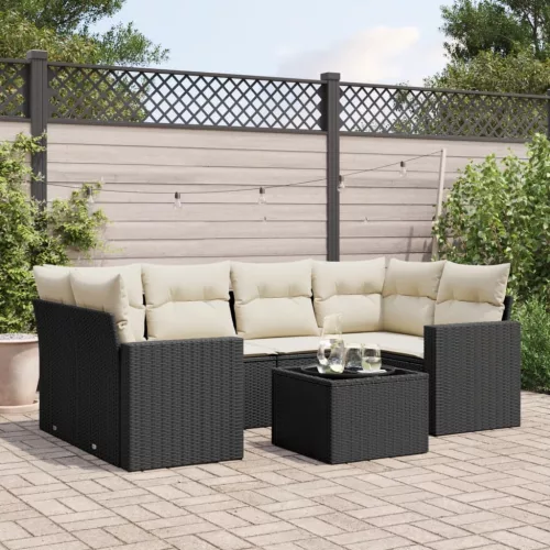  7 részes fekete polyrattan kerti ülőgarnitúra párnával