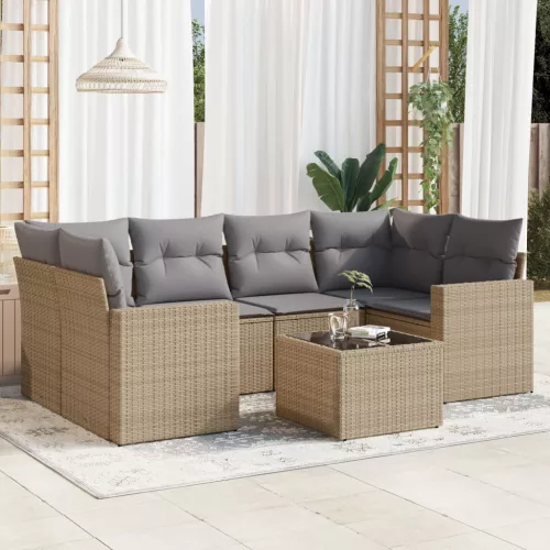  7 részes bézs polyrattan kerti ülőgarnitúra párnákkal