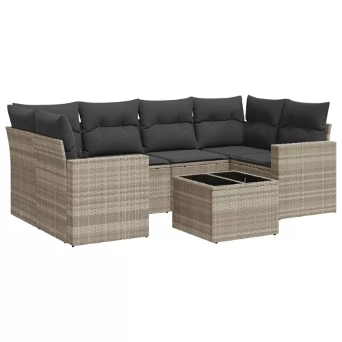  7 részes világosszürke polyrattan kerti ülőgarnitúra párnákkal