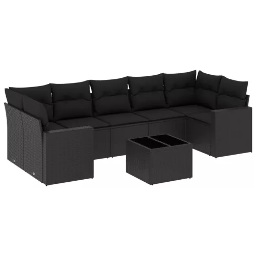  8 részes fekete polyrattan kerti ülőgarnitúra párnákkal