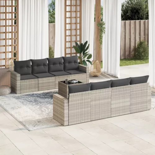  9 részes világosszürke polyrattan kerti ülőgarnitúra párnával