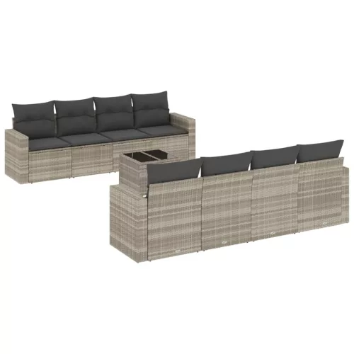 9 részes világosszürke polyrattan kerti ülőgarnitúra párnával