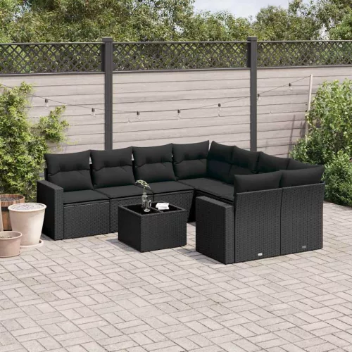  9 részes fekete polyrattan kerti ülőgarnitúra párnákkal