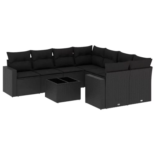  9 részes fekete polyrattan kerti ülőgarnitúra párnákkal