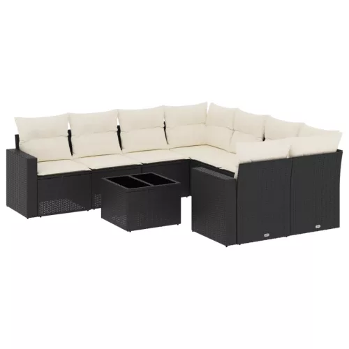  9 részes fekete polyrattan kerti ülőgarnitúra párnákkal