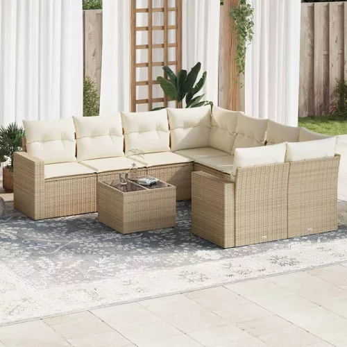  9 részes bézs polyrattan kerti ülőgarnitúra párnákkal